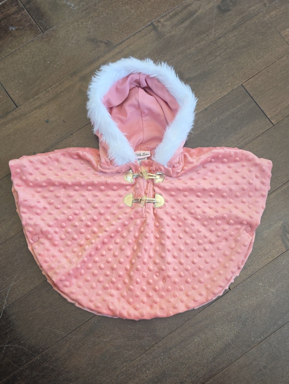Little Lass Pink Hooded Faux-Fur Trim Kids Cape with Gold Toggles 3T